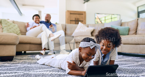 Image of Family, children and tablet on floor watching cartoons, parents and living room couch. Screen time, relaxing and streaming while bonding together as siblings, technology and childhood memories