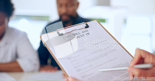 Image of Black couple, documents and will with lawyer for finance, advice or legal agreement together at home. Closeup of attorney talking to African man and woman with paperwork, testament or form at house