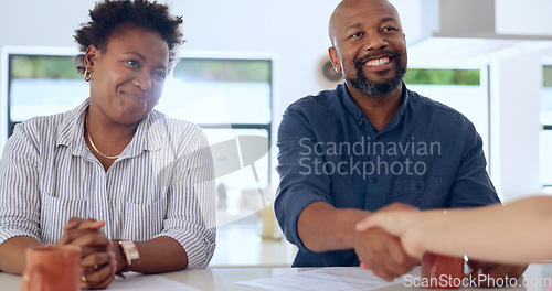 Image of Meeting, handshake and couple with financial advisor for home purchase deal together. Happy, smile and African man and woman shaking hands with real estate agent for house, apartment or property.