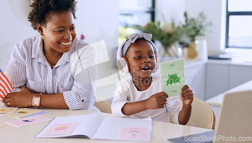 Image of Animal, mom or child learning on laptop for kindergarten busy with homework or school project at home. Geometric, card or happy mother by a creative girl listening or helping a for development