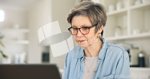 Image of Elderly woman, search or laptop in home with internet connection for streaming video or movie online. PC, blog or senior person reading news on social media typing on technology for communication
