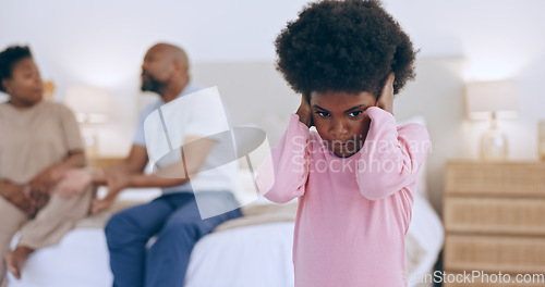 Image of Scared kid, angry parents or divorce in fight or home bedroom with stress, black family conflict or breakup. Mother in argument, dad or girl child with fear, anxiety or trauma from emotional crisis