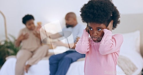 Image of Child, close ears and parents fighting in bedroom, argue and shout for crisis, disagree and angry. Divorce, trauma and mental health issue for kid, frustrated and fear of quarrel and scared at home