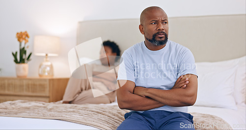 Image of Fight, doubt or angry black couple argue with stress for marriage problem or bad break up. Home, ignore or frustrated African people thinking of conflict for cheating drama or divorce in bedroom