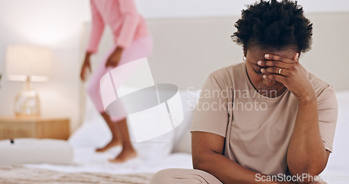 Image of Frustrated mother, headache and child jumping on bed in stress, anxiety or mental health at home. Tired African mom in depression, mistake or burnout with ADHD kid playing in bedroom chaos at house