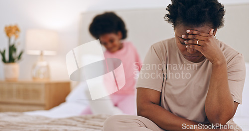 Image of Frustrated mother, headache or child on bed in stress, anxiety or mental health at home. Tired African mom or single parent in depression, mistake or burnout with ADHD kid playing in bedroom at house