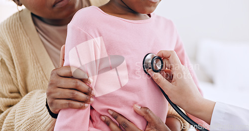 Image of Doctor, child and chest with stethoscope in closeup for examination, medical appointment or checkup in home. Paediatrician, cardiology and listen to breathing, lungs or heart in problem for illness