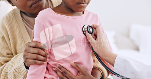 Image of Closeup, child and stethoscope for examination in home for health, wellness or care. Medical professional, doctor and listen to heart, lungs or breathing for illness, virus and respiratory system