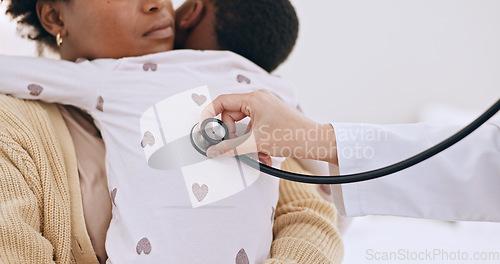 Image of Stethoscope, doctor and black mother with child, healthcare and checkup with appointment and lung breathing exercise. African mama, medical and professional with sick kid, asthma or pediatrician care