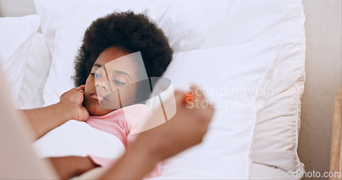 Image of Hands, bedroom and sick with child, parent or thermometer with care, checking fever or temperature. Home, mother or girl with flu for cold, bed or monitoring for illness, health or virus with support