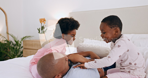 Image of Bedroom, play and black family father, happy kids or people bonding, love and daughter tickle papa. Home wellness, happiness and African children, dad and parent smile, comfort and fun games on bed