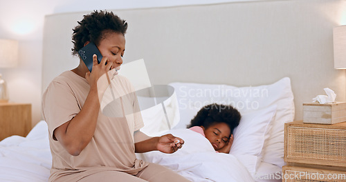 Image of Sick, child and mom with phone call to doctor with thermometer and telehealth advice. Covid, virus and mother with healthcare, consultation or contact pediatrician in home for opinion or appointment