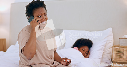 Image of Sick, child and mom with worry and phone call to doctor with thermometer and telehealth advice. Flu, virus and mother stress with healthcare, consultation or contact with pediatrician in home