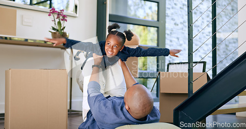 Image of Father, daughter and airplane for playing in new home, real estate or investment with happiness and freedom. Black family, man and girl kid having fun on floor of living room for celebration and bond