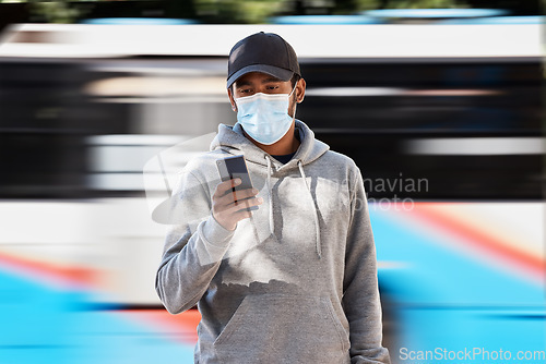 Image of Man, mask or cellphone in city, bus and cold protection or text notification on travel in town. Young person, urban and medical cover on mouth for flu virus, transport safety and healthcare crisis