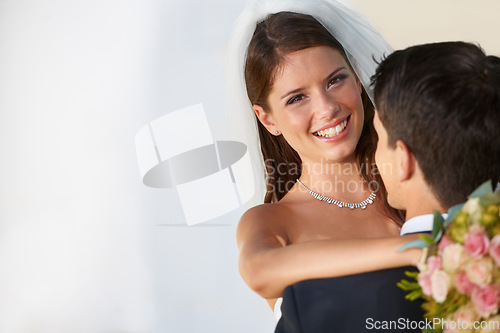 Image of Portrait, happy man and woman hugging at wedding with smile, love and commitment at reception. Mockup, face of bride and groom in embrace at marriage celebration with fun, loyalty and future together