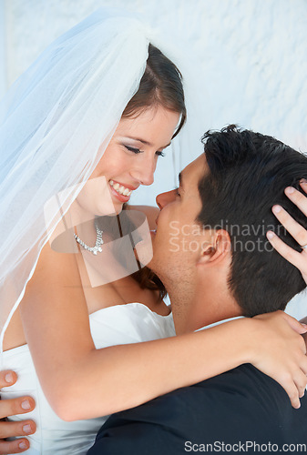 Image of Love, woman and man embrace at wedding with smile, support and commitment for couple at reception. Romance, bride and groom hugging at marriage celebration with happiness, loyalty and future together