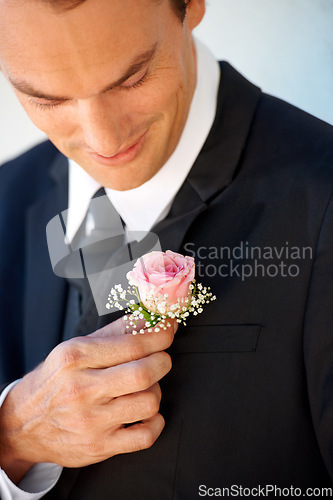 Image of Groom man, boutonniere or flowers on suit for style for pride, smile or ready at wedding, party or celebration. Person, excited or rose on tuxedo for thinking, preparation or happy for marriage event