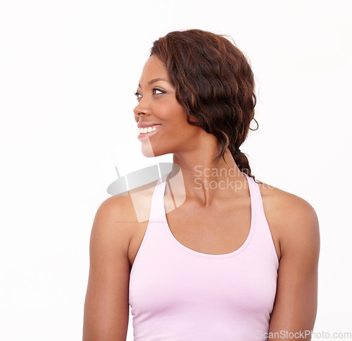 Image of Black woman, thinking and fitness with health and wellness from happy exercise in studio. Smile, confidence and idea with workout and training of a African female athlete with white background