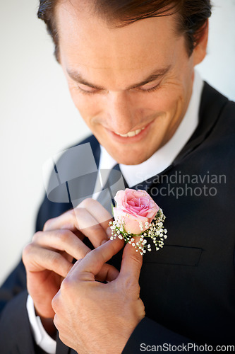 Image of Groom man, boutonniere or flowers with hands for suit for pride, smile or ready at wedding, party or celebration. Person, excited or rose on tuxedo for thinking, prepare or happy for marriage event