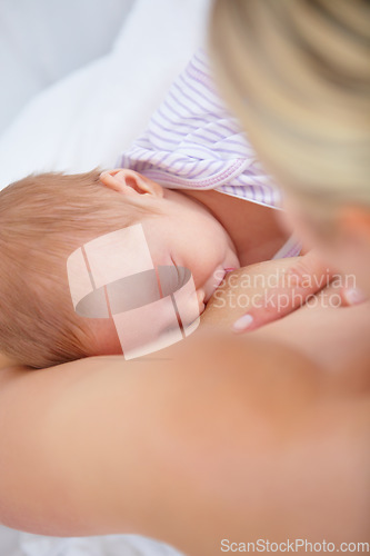 Image of Closeup, woman and baby for breastfeeding in bedroom for hunger, food and nutrition in health. Motherhood, love and bonding in relationship for care, trust or support of growth, development or future