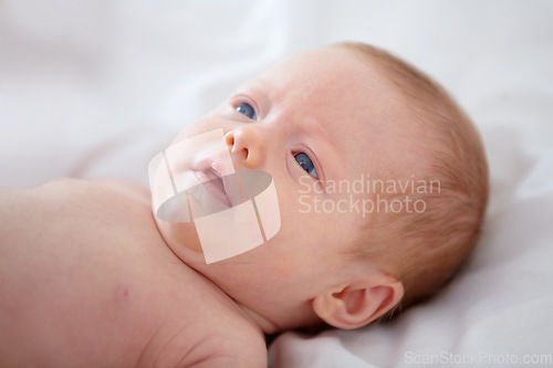 Image of Face, growth and development with a baby on the bed of a home closeup for purity, innocence or wonder. Kids, curious and rest with a newborn infant child in the bedroom of an apartment from above