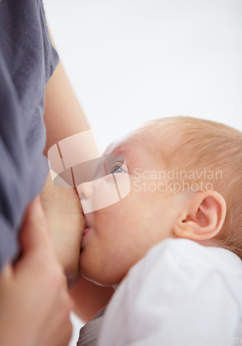 Image of Closeup, baby and drinking for breastfeeding in home for health in child development, growth or future. Woman, motherhood and bond with nutrition, food and wellness of infant with care, love or trust