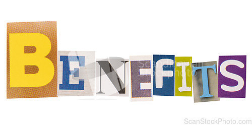 Image of The word benefits made from cutout letters