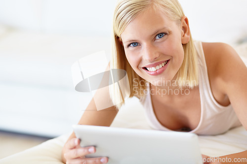 Image of Relax, tablet and portrait of woman on bed for social media, online shopping and internet in bedroom. Relax, home and person on digital tech for reading website, news blog and research in morning