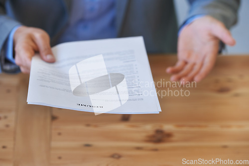 Image of Documents, hands and business with man, resume and conversation with job interview, recruitment and thank you. Person, closeup and employee with paperwork, hiring and welcome with human resources