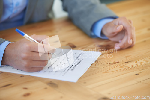 Image of Hands, writing and document with employment application, man and employee with insurance, signature and contract. Person, consultant or worker with pen, agent and checklist with compliance or policy