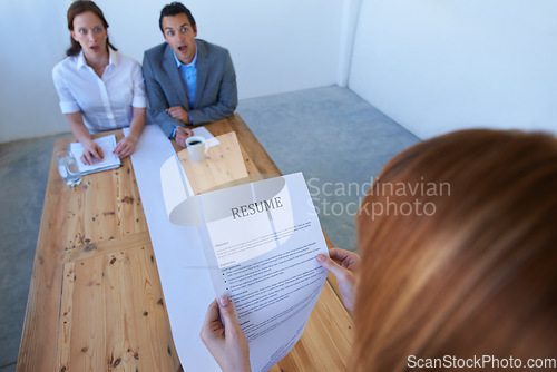 Image of Business people, recruitment and job interview with resume, surprise and conversation in a workplace. Staff, recruiter and manager with employee, paperwork and shocked with wow, documents or reaction