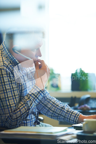 Image of Businessman, face and thinking with headset at call center for decision, choice or customer service at office. Mature man or consultant agent in wonder for online advice, support or help at workplace