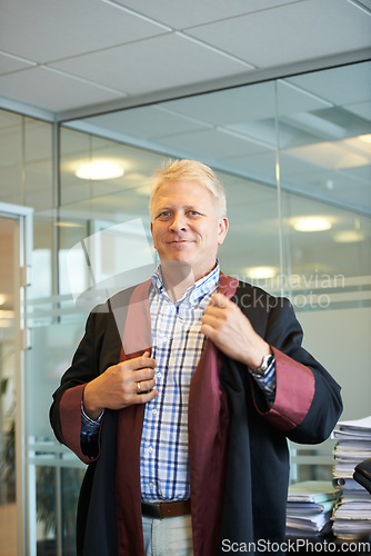 Image of University, professor and portrait of man in office with robe for graduation ceremony, teaching and education. College, professional school and mature teacher for academy, learning and knowledge