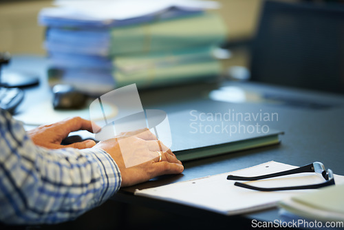 Image of Paperwork, documents and hands of business man in office for working on project, planning and research. Professional, worker and person reading papers, review and report for career in workplace