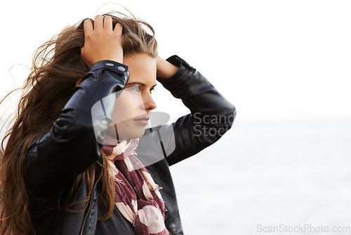 Image of Face, thinking and regret with a woman outdoor in the fresh air for fashion on a mockup sky background. Travel, idea and daydreaming with a young person outside for trip, adventure or tourism