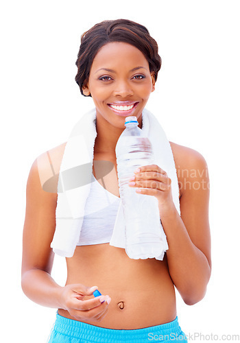 Image of Black woman, fitness and water with portrait and smile from sport, workout and training in studio. Happy, healthy and African female athlete with wellness and drink after gym with white background