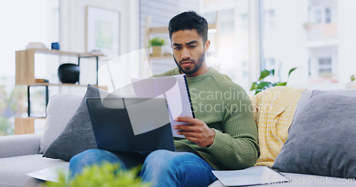 Image of Laptop, documents and man on sofa for finance planning, internet banking and budget at home. Living room, remote work and person with paperwork, report and computer for insurance, website and payment