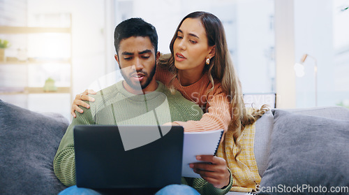 Image of Computer, documents and couple on sofa for finance planning, online banking and budget payment. Living room, home and man and woman with paperwork, review and laptop for insurance, savings and taxes