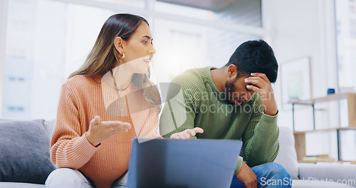 Image of Couple, laptop and stress in home for debt, poor finance savings or budget of mortgage loan, taxes or rent. Frustrated man, angry woman or anxiety of bankruptcy, financial mistake or inflation crisis