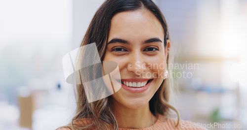 Image of Smile, face and portrait of woman in home to relax on weekend in living room in Colombia. Happy young girl in apartment for resting, comfortable day off and freedom of good mood, pride and confidence