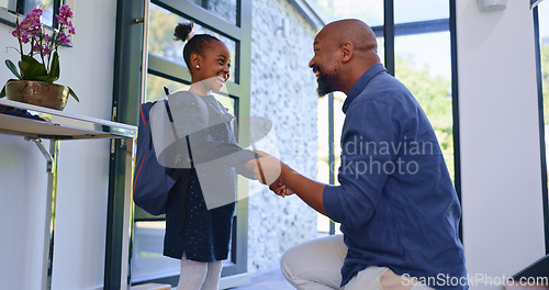 Image of Backpack, hello and father with girl school child in a house for greeting, welcome or bond with love. Happy, black family or student kid with dad in a doorway for conversation, support and security