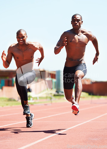 Image of Man, athlete and running and competitive for race on track with practice for competition. Black people, together and passion for sport with dedication, motivation or determination on face for winning