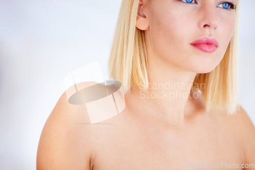 Image of Girl, skincare and beauty in studio, thinking or vision in wellness, health or glow by white background. Person, model and cosmetic for change, results or transformation for decision, choice and idea
