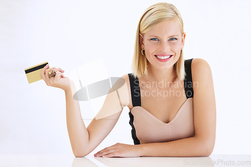 Image of Woman, smile and credit card for shopping, portrait and payment or fintech, investment and banking. Happy female person, finance and saving or plastic, studio and white background, transfer or mockup
