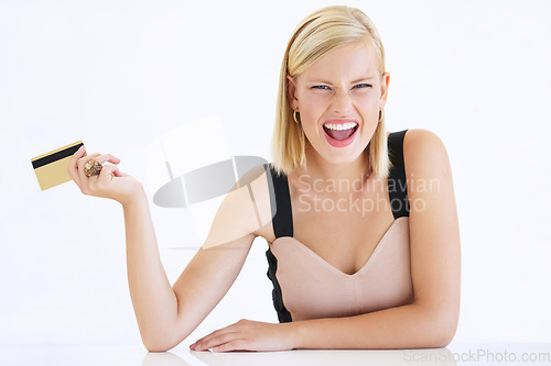 Image of Woman, smile and credit card for shopping, excited and payment or fintech, investment and banking. Happy female person, finance and saving or plastic, studio and white background, ecommerce or mockup