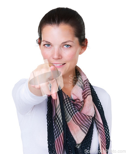 Image of Woman, portrait and pointing to you in studio for choice, vote and decision for volunteering on white background. Winner, attention and finger emoji for recruitment, hiring and invitation to join us