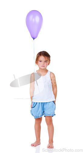 Image of Portrait, balloon and a sad girl child feeling lonely in studio isolated on a white background for a party. Children, depression or unhappy with a young kid looking upset or miserable at a birthday