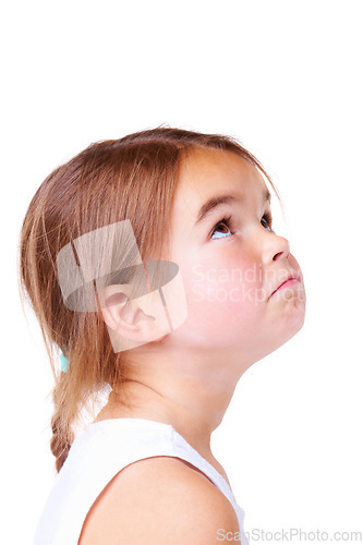 Image of Face, sad and thinking with a girl child feeling alone in studio isolated on white background. Mental health, depression and emotion with a young kid looking up on space or mockup for disappointment