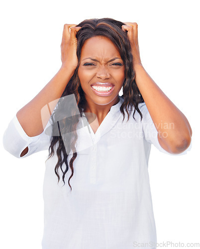 Image of Woman, portrait and frustrated angry in studio for bad news, annoyed or unhappy. Black person, face and anger problem for upset fail or extreme emotion for stress madness, white background as mockup